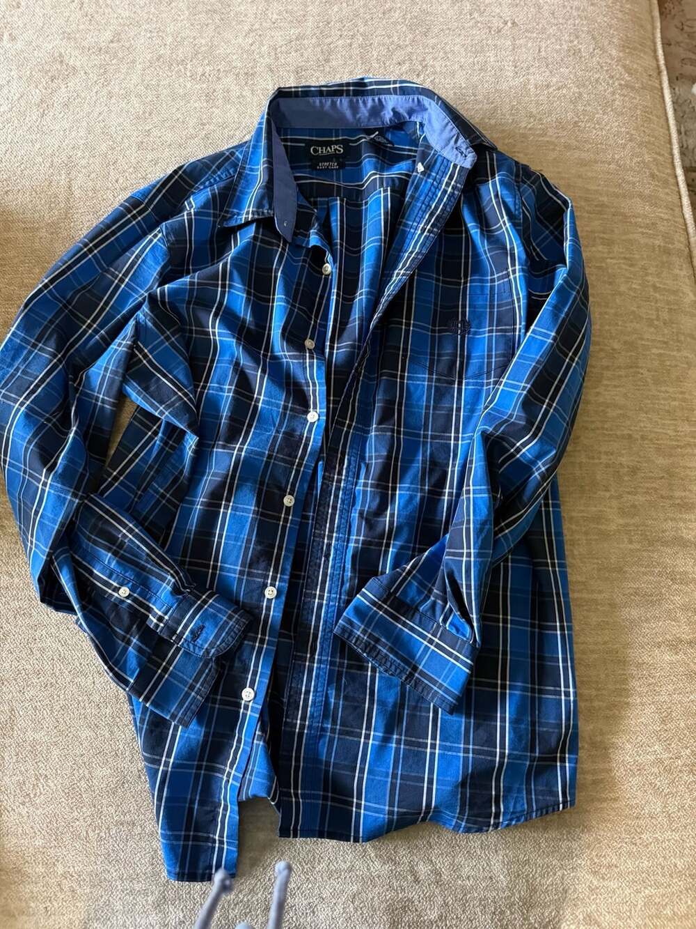 Chaps Plaid Button Down Shirt Size L Blue Long Sleeve Stretch Easy Care